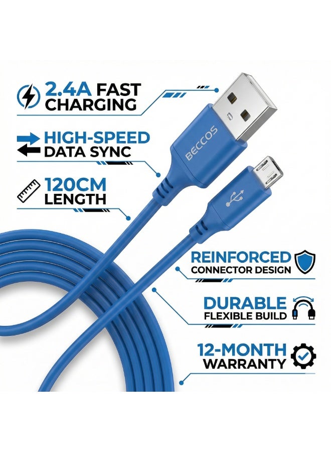 بيكوس كابل شحن سريع BECCOS USB إلى مايكرو USB بطول 120 سم – قدرة 2.4 أمبير نقل بيانات سريع، تصميم متين مرن – أزرق - Image 2